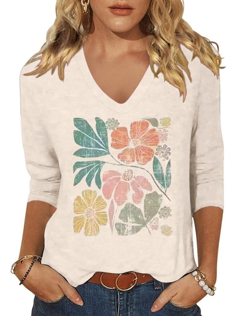 Women's T-Shirts V-Neck Boho Flowers Wildflowers Graphic Tees Shirts Cute Casual